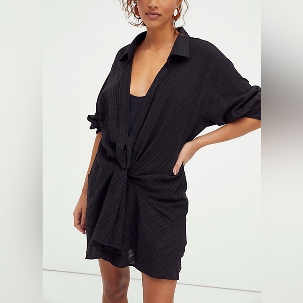 Free People Black Tara Twist Mini Dress Tunic Edgy Boho Long Sleeve Top Size SM